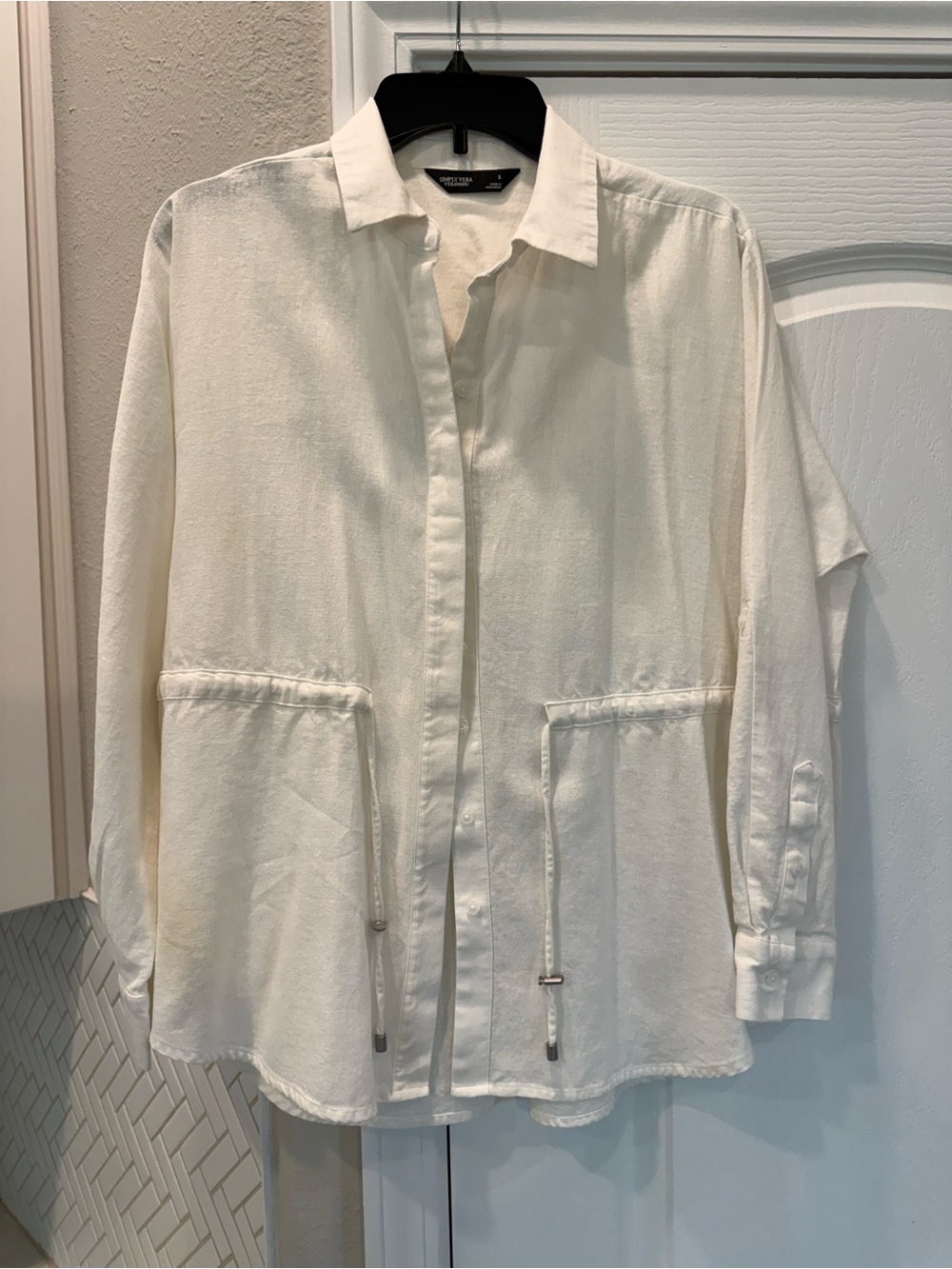 Lightweight White Linen Blend Drawstring Front Shirt Jacket